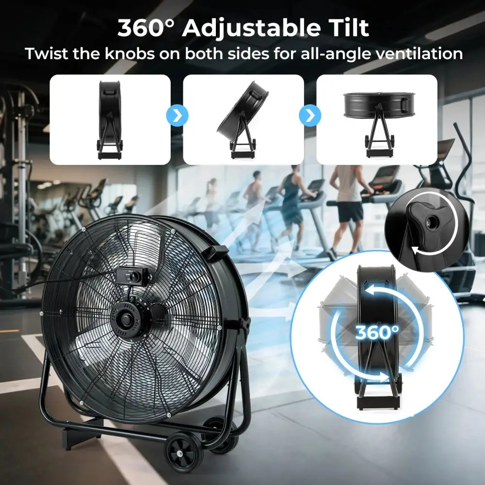 Industrial Drum Fan with 2 Wheels and 360-Degree Adjustable Tilt-Black Costway
