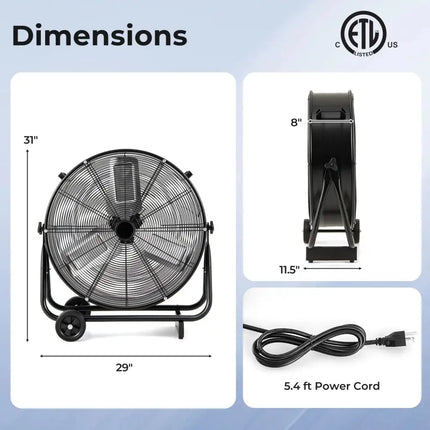Industrial Drum Fan with 2 Wheels and 360-Degree Adjustable Tilt-Black Costway