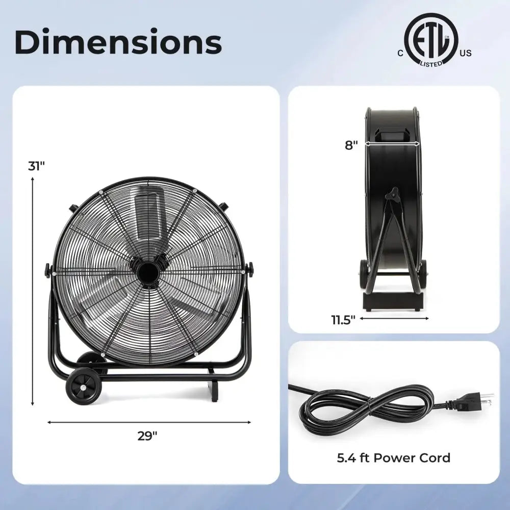 Industrial Drum Fan with 2 Wheels and 360-Degree Adjustable Tilt-Black Costway