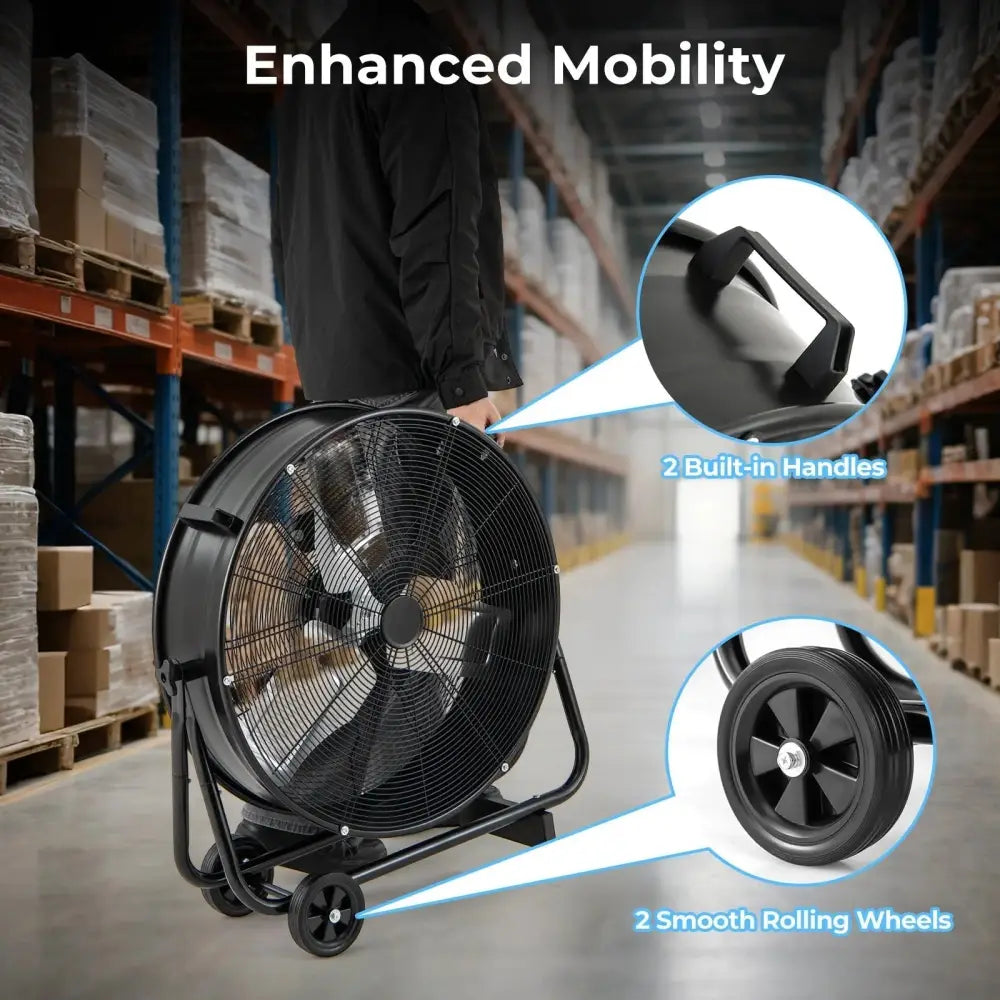 Industrial Drum Fan with 2 Wheels and 360-Degree Adjustable Tilt-Black Costway
