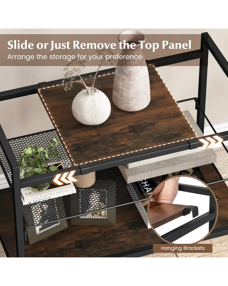 Industrial Entryway Table with Removable Panel and Mesh Shelf-Rustic Brown - Rustic Brown - End & Side Tables