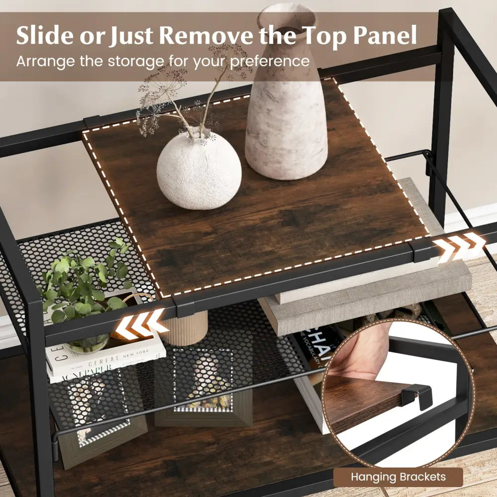 Industrial Entryway Table with Removable Panel and Mesh Shelf-Rustic Brown - Rustic Brown - End & Side Tables