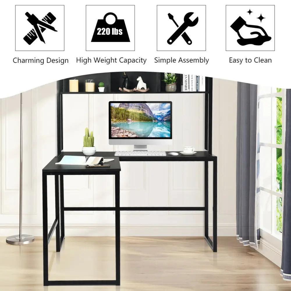 Industrial L-Shaped Desk Bookshelf 55 Inch Corner Computer Gaming Table-Black - Black - L-Shaped Desks