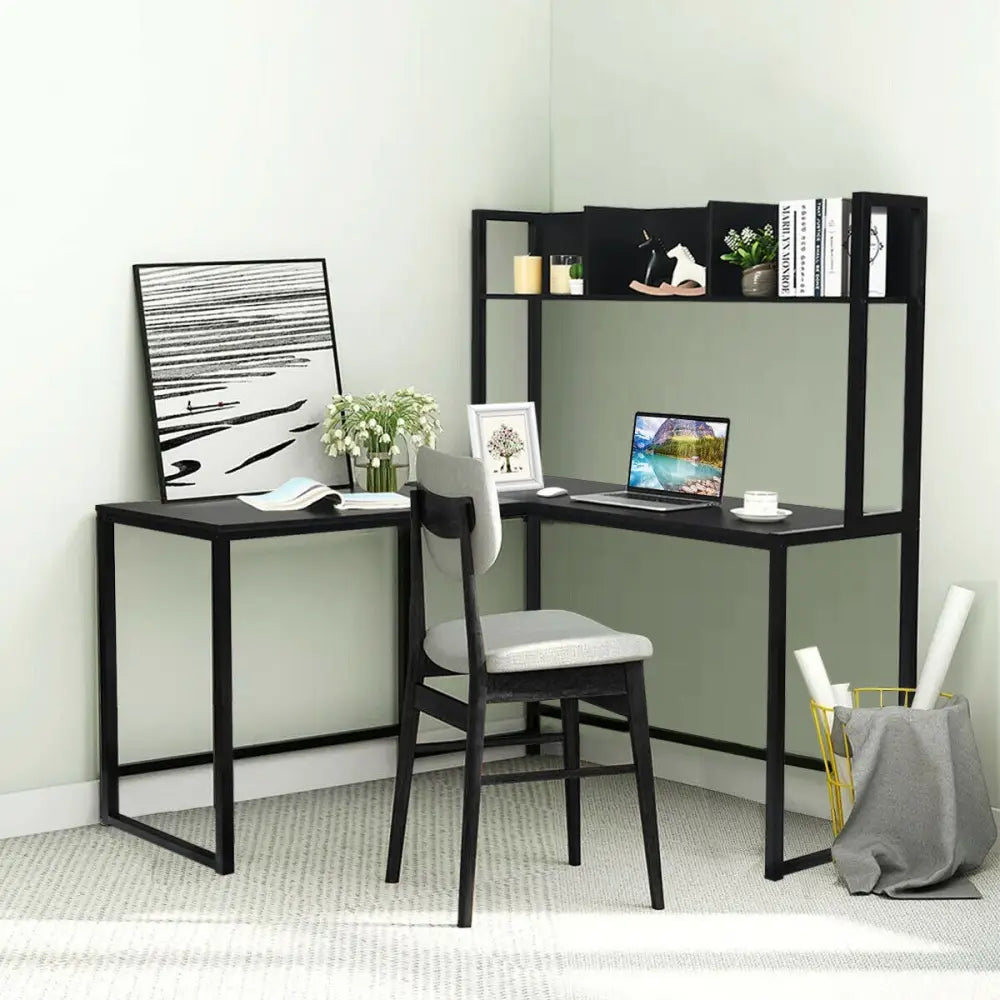 Industrial L-Shaped Desk Bookshelf 55 Inch Corner Computer Gaming Table-Black - Black - L-Shaped Desks