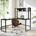 Industrial L-Shaped Desk Bookshelf 55 Inch Corner Computer Gaming Table-Black - Black - L-Shaped Desks