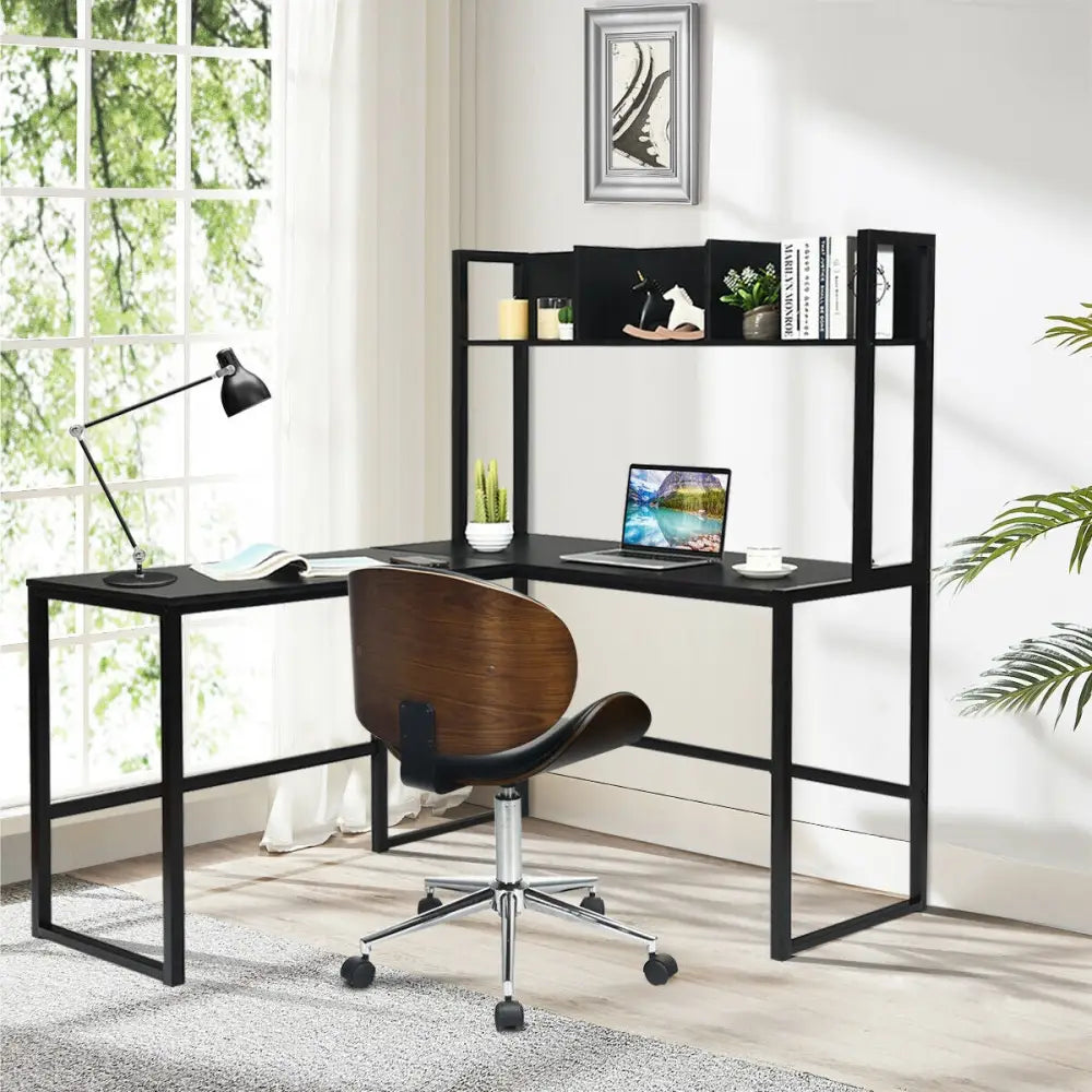 Industrial L-Shaped Desk Bookshelf 55 Inch Corner Computer Gaming Table-Black - Black - L-Shaped Desks
