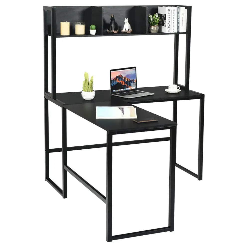 Industrial L-Shaped Desk Bookshelf 55 Inch Corner Computer Gaming Table-Black - Black - L-Shaped Desks