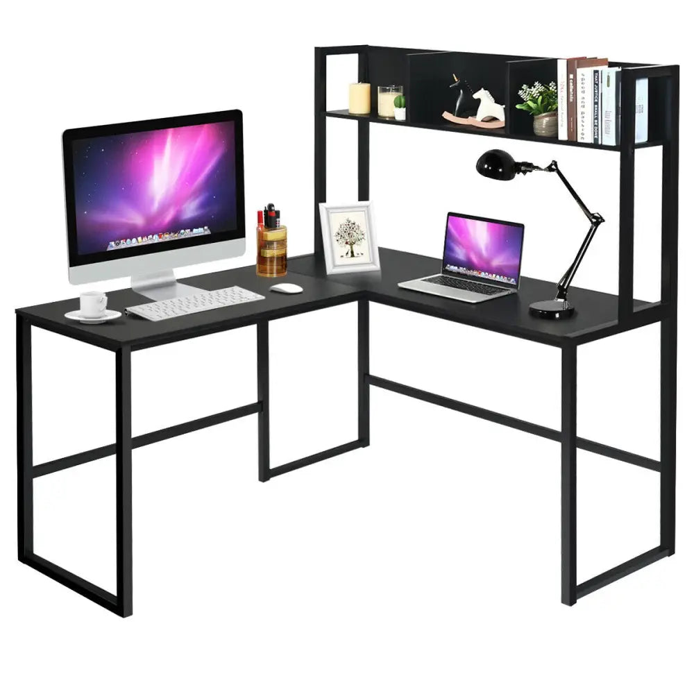 Industrial L-Shaped Desk Bookshelf 55 Inch Corner Computer Gaming Table-Black - Black - L-Shaped Desks