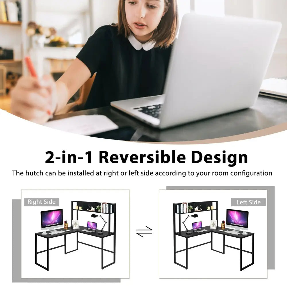 Industrial L-Shaped Desk Bookshelf 55 Inch Corner Computer Gaming Table-Black - Black - L-Shaped Desks