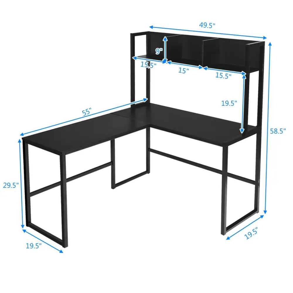 Industrial L-Shaped Desk Bookshelf 55 Inch Corner Computer Gaming Table-Black - Black - L-Shaped Desks