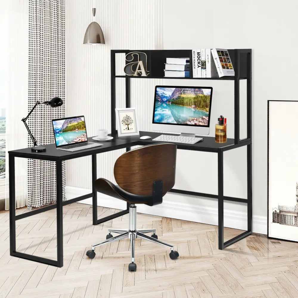 Industrial L-Shaped Desk Bookshelf 55 Inch Corner Computer Gaming Table-Black - Black - L-Shaped Desks