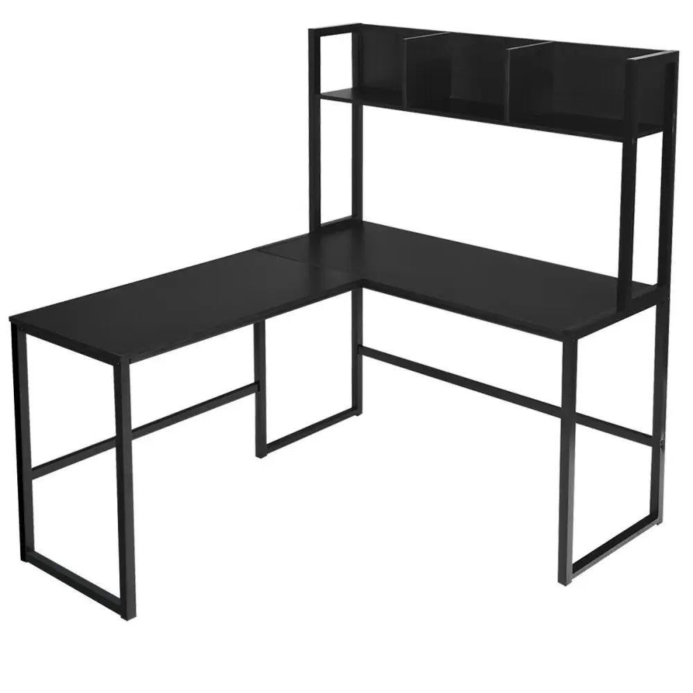 Industrial L-Shaped Desk Bookshelf 55 Inch Corner Computer Gaming Table-Black - Black - L-Shaped Desks