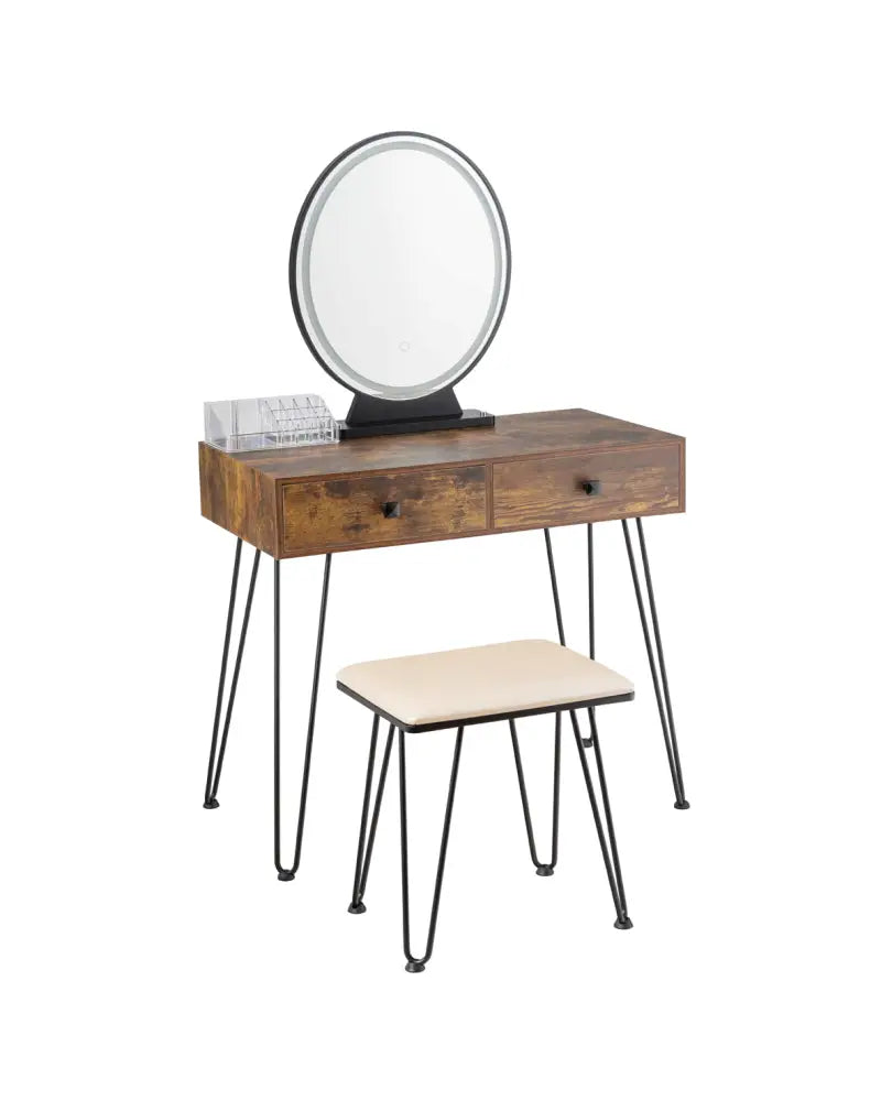 Industrial Makeup Dressing Table with 3 Lighting Modes-Rustic Brown - Rustic Brown - Makeup Vanities