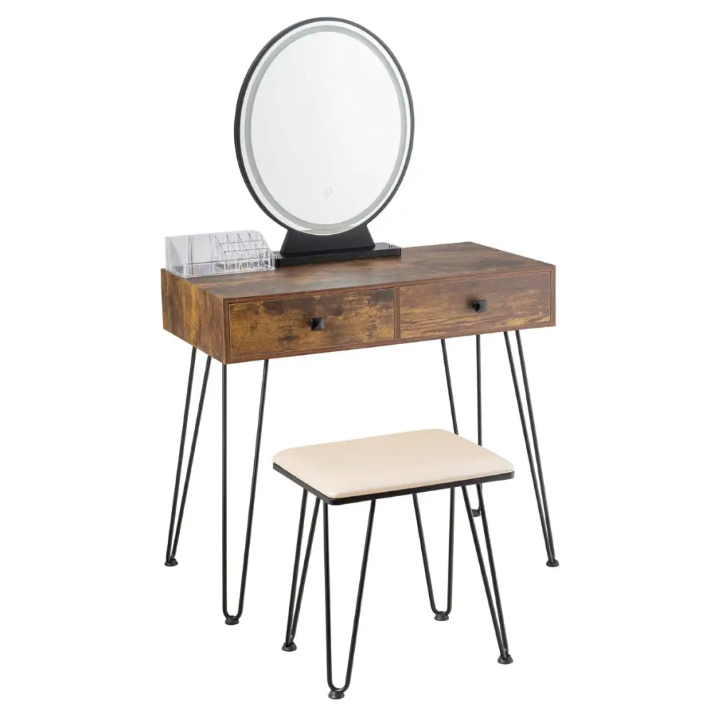 Industrial Makeup Dressing Table with 3 Lighting Modes-Rustic Brown - Rustic Brown - Makeup Vanities