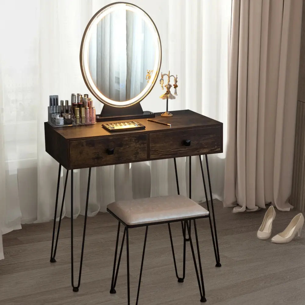 Industrial Makeup Dressing Table with 3 Lighting Modes-Rustic Brown - Rustic Brown - Makeup Vanities