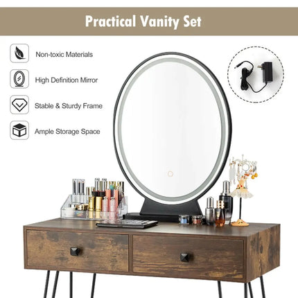 Industrial Makeup Dressing Table with 3 Lighting Modes-Rustic Brown - Rustic Brown - Makeup Vanities