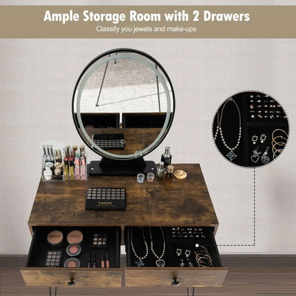 Industrial Makeup Dressing Table with 3 Lighting Modes-Rustic Brown - Rustic Brown - Makeup Vanities