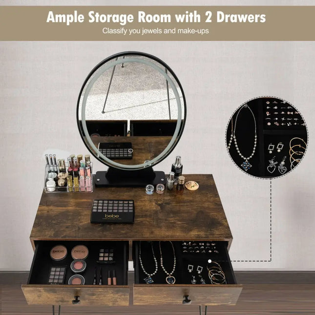 Industrial Makeup Dressing Table with 3 Lighting Modes-Rustic Brown - Rustic Brown - Makeup Vanities