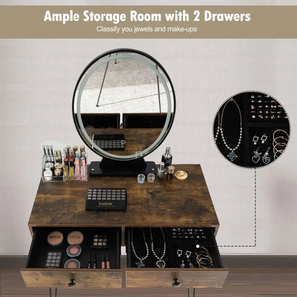 Industrial Makeup Dressing Table with 3 Lighting Modes-Rustic Brown - Rustic Brown - Makeup Vanities