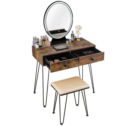 Industrial Makeup Dressing Table with 3 Lighting Modes-Rustic Brown - Rustic Brown - Makeup Vanities
