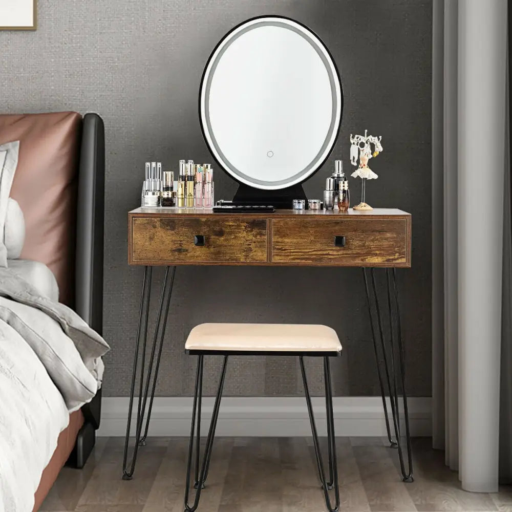 Industrial Makeup Dressing Table with 3 Lighting Modes-Rustic Brown - Rustic Brown - Makeup Vanities