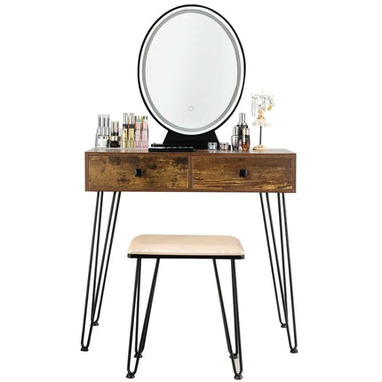 Industrial Makeup Dressing Table with 3 Lighting Modes-Rustic Brown - Rustic Brown - Makeup Vanities