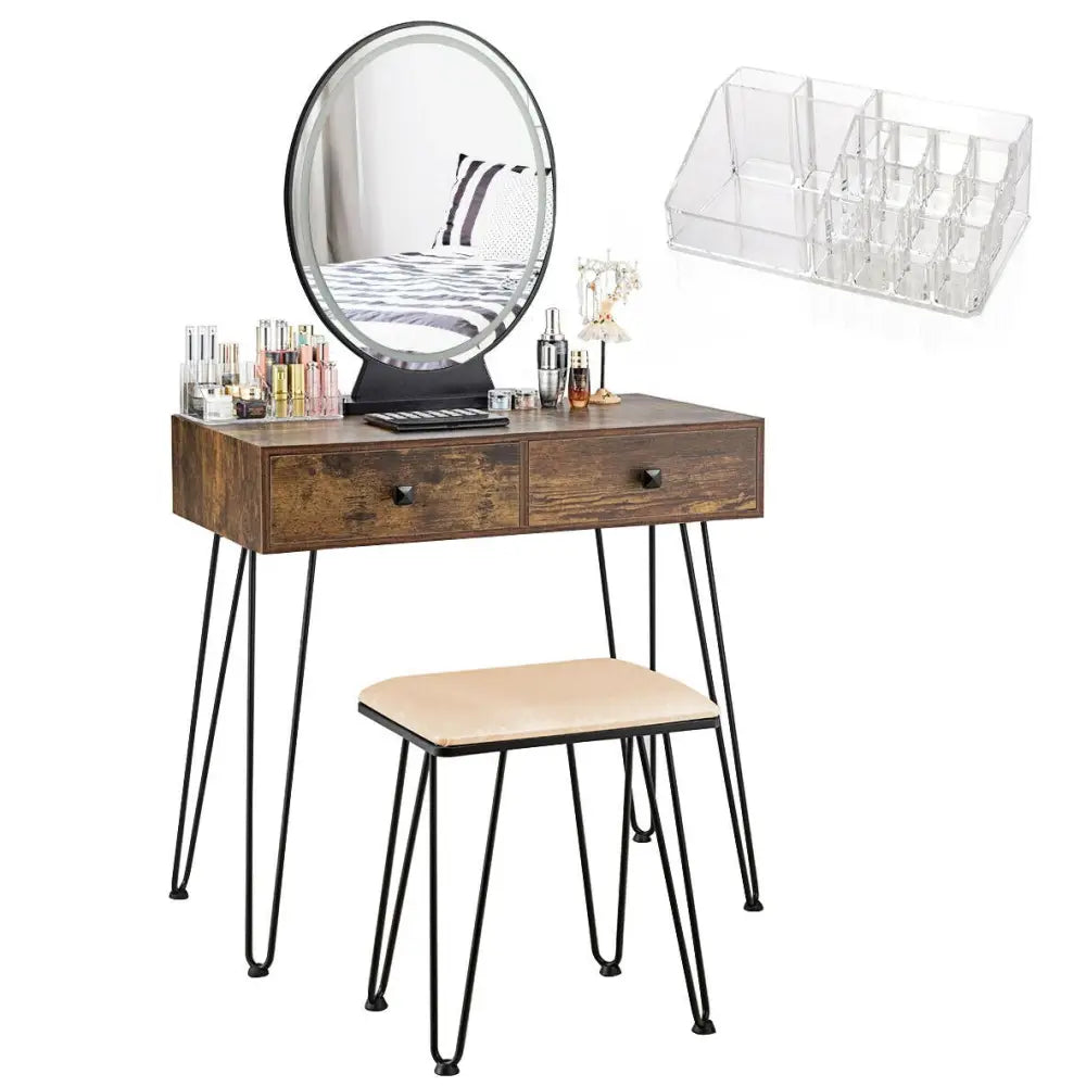 Industrial Makeup Dressing Table with 3 Lighting Modes-Rustic Brown - Rustic Brown - Makeup Vanities