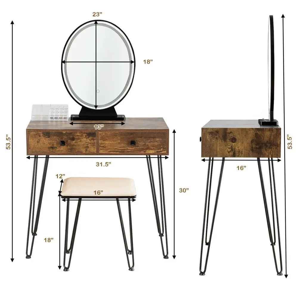Industrial Makeup Dressing Table with 3 Lighting Modes-Rustic Brown - Rustic Brown - Makeup Vanities