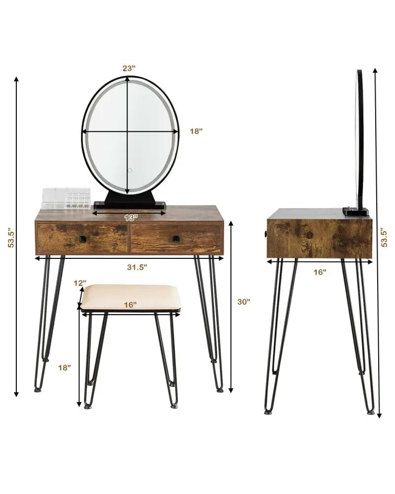 Industrial Makeup Dressing Table with 3 Lighting Modes-Rustic Brown - Rustic Brown - Makeup Vanities