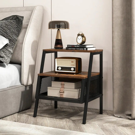 Industrial Nightstand 3-Tier End Table Set of 2 with 2 Open Shelves and Metal Mesh Compartment-Rustic Brown - Rustic