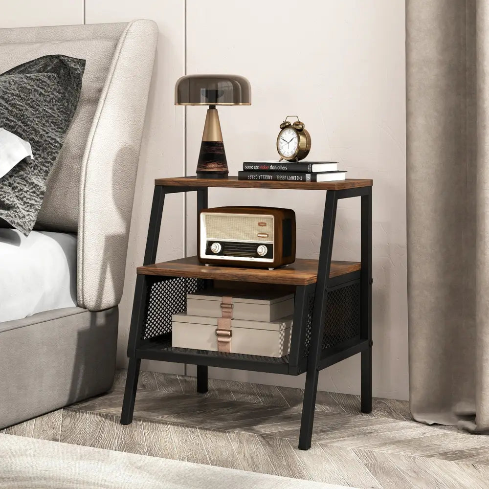 Industrial Nightstand 3-Tier End Table Set of 2 with 2 Open Shelves and Metal Mesh Compartment-Rustic Brown - Rustic