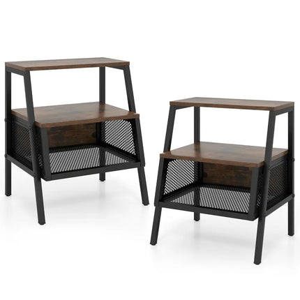 Industrial Nightstand 3-Tier End Table Set of 2 with 2 Open Shelves and Metal Mesh Compartment-Rustic Brown - Rustic
