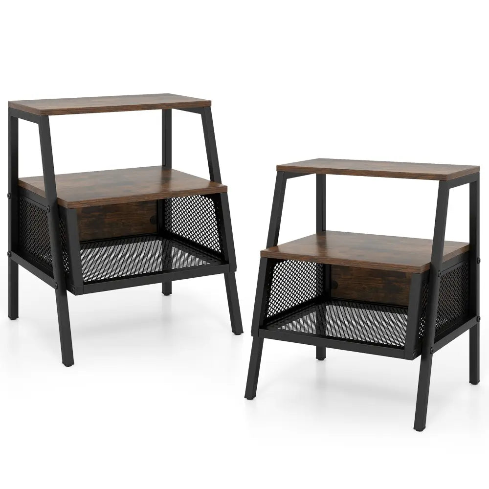 Industrial Nightstand 3-Tier End Table Set of 2 with 2 Open Shelves and Metal Mesh Compartment-Rustic Brown - Rustic