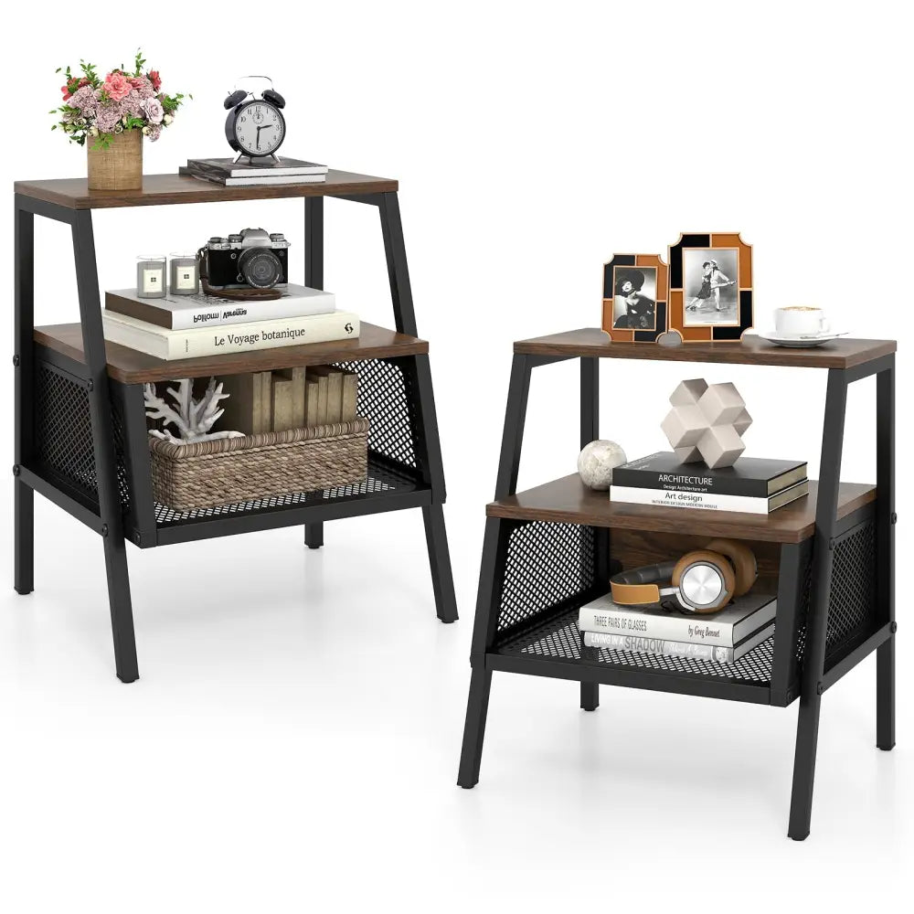 Industrial Nightstand 3-Tier End Table Set of 2 with 2 Open Shelves and Metal Mesh Compartment-Rustic Brown - Rustic