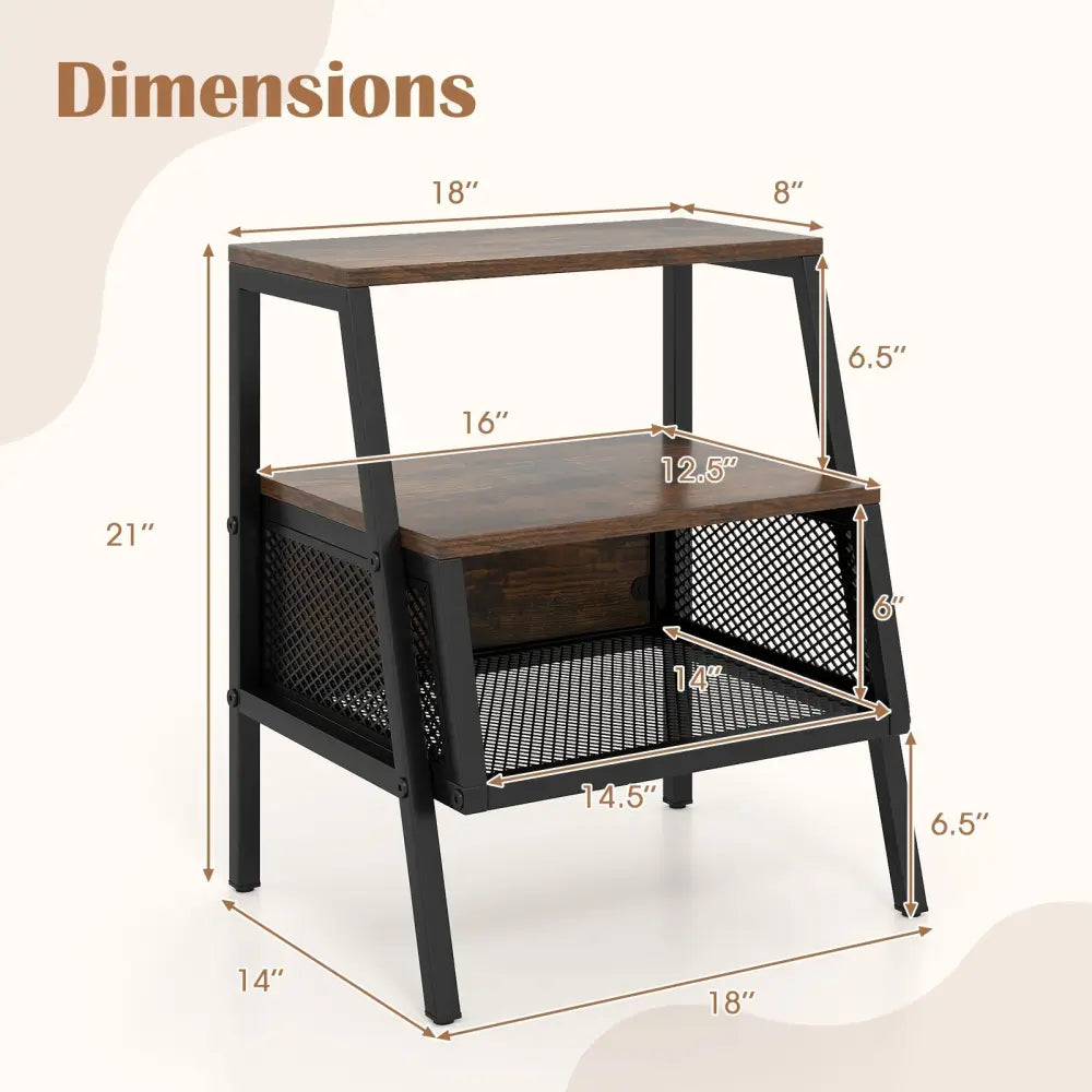 Industrial Nightstand 3-Tier End Table Set of 2 with 2 Open Shelves and Metal Mesh Compartment-Rustic Brown - Rustic