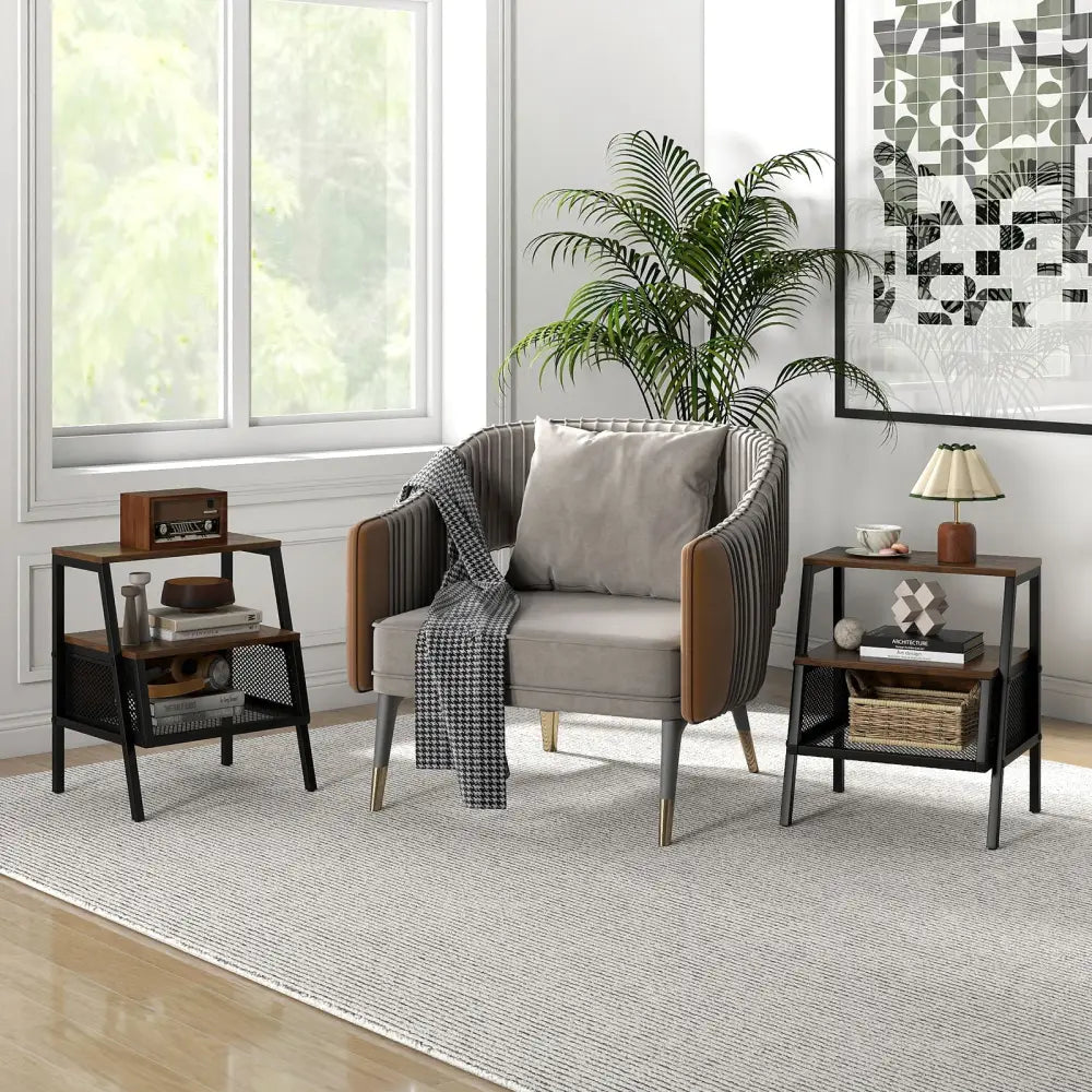 Industrial Nightstand 3-Tier End Table Set of 2 with 2 Open Shelves and Metal Mesh Compartment-Rustic Brown - Rustic