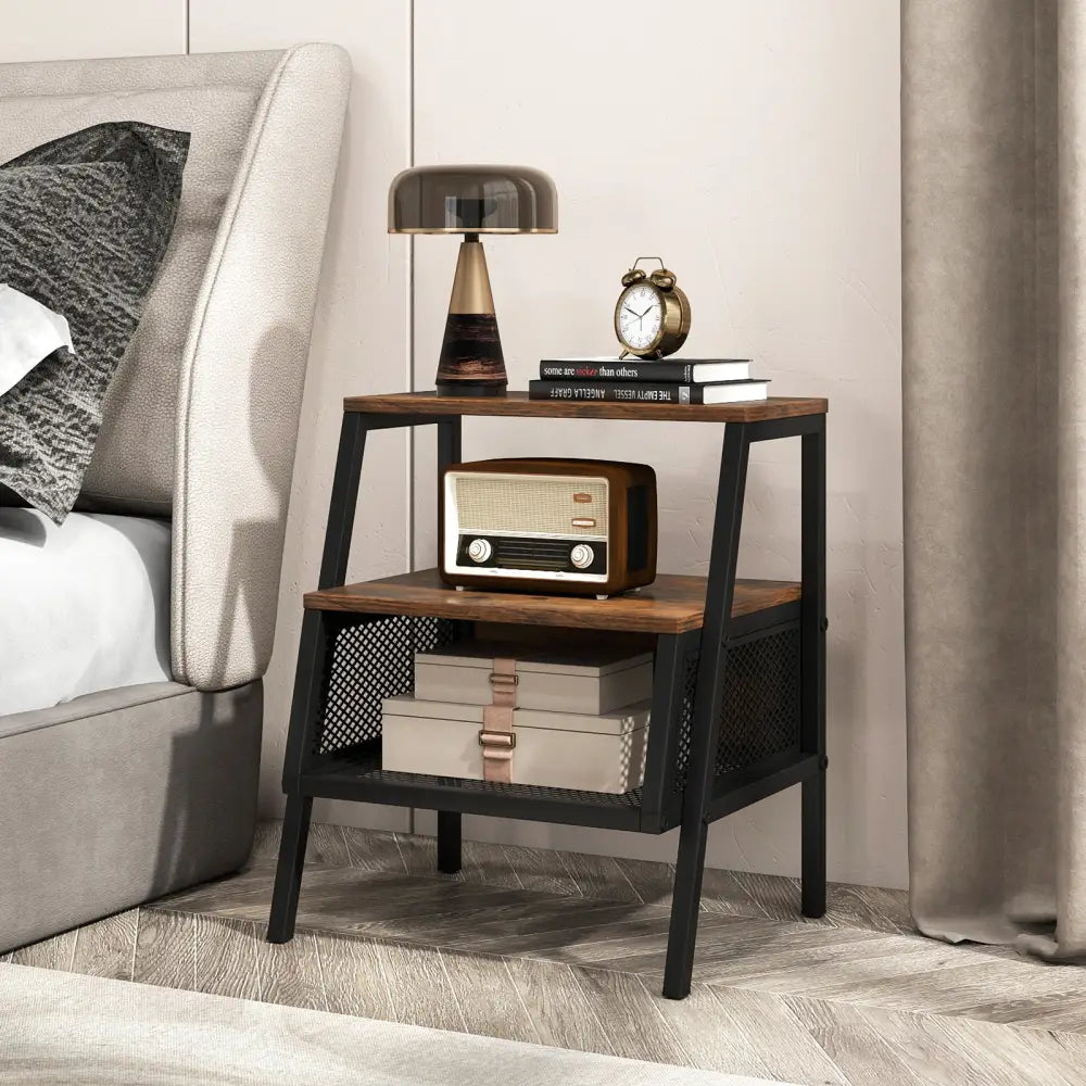 Industrial Nightstand 3-Tier End Table with 2 Open Shelves and Metal Mesh Compartment-Rustic Brown - Rustic Brown
