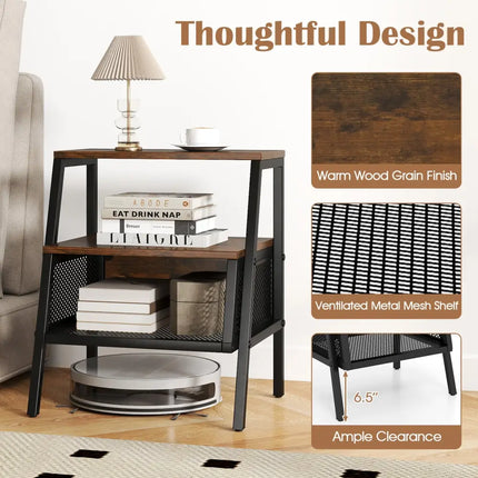 Industrial Nightstand 3-Tier End Table with 2 Open Shelves and Metal Mesh Compartment-Rustic Brown - Rustic Brown