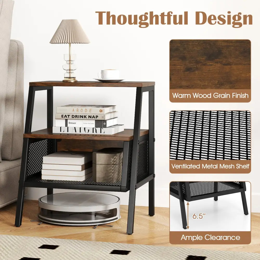 Industrial Nightstand 3-Tier End Table with 2 Open Shelves and Metal Mesh Compartment-Rustic Brown - Rustic Brown