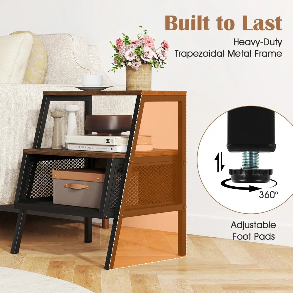 Industrial Nightstand 3-Tier End Table with 2 Open Shelves and Metal Mesh Compartment-Rustic Brown - Rustic Brown