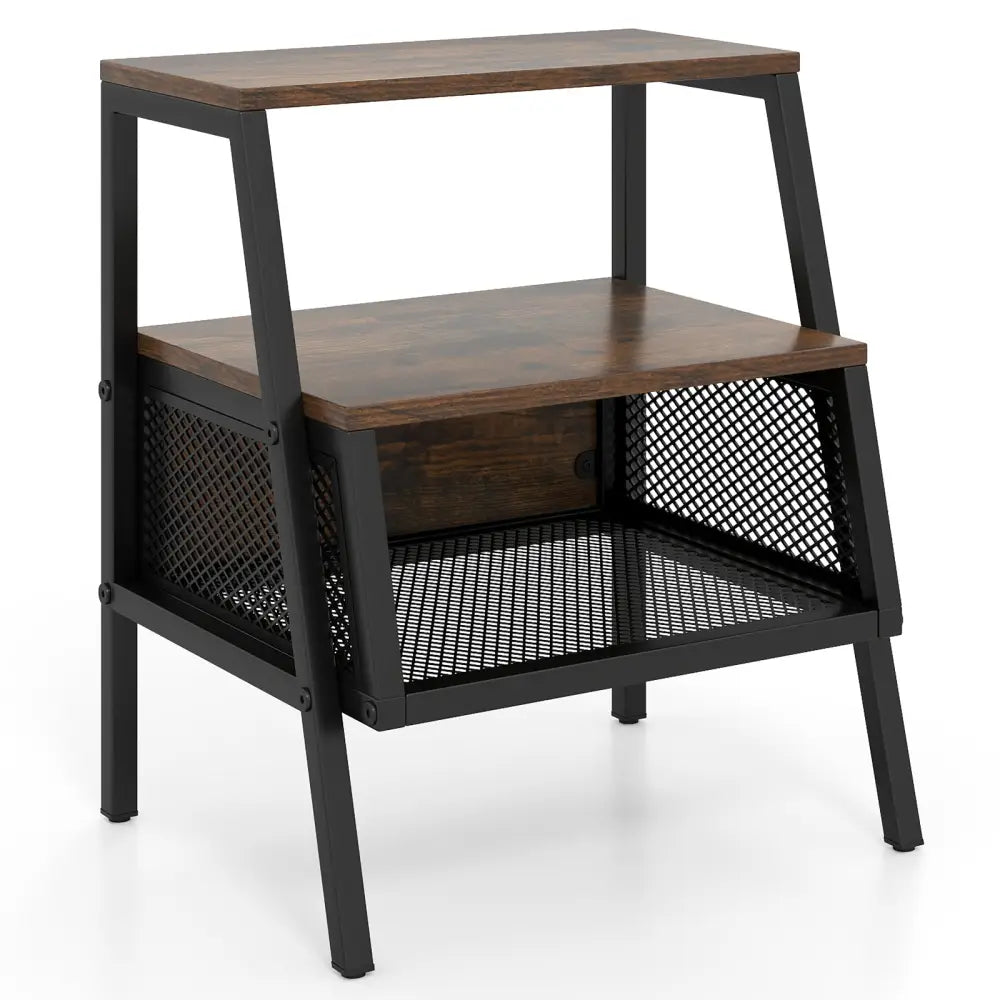 Industrial Nightstand 3-Tier End Table with 2 Open Shelves and Metal Mesh Compartment-Rustic Brown - Rustic Brown