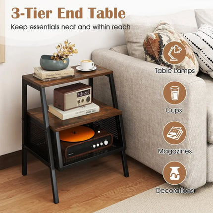Industrial Nightstand 3-Tier End Table with 2 Open Shelves and Metal Mesh Compartment-Rustic Brown - Rustic Brown