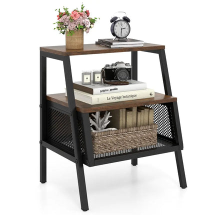 Industrial Nightstand 3-Tier End Table with 2 Open Shelves and Metal Mesh Compartment-Rustic Brown - Rustic Brown
