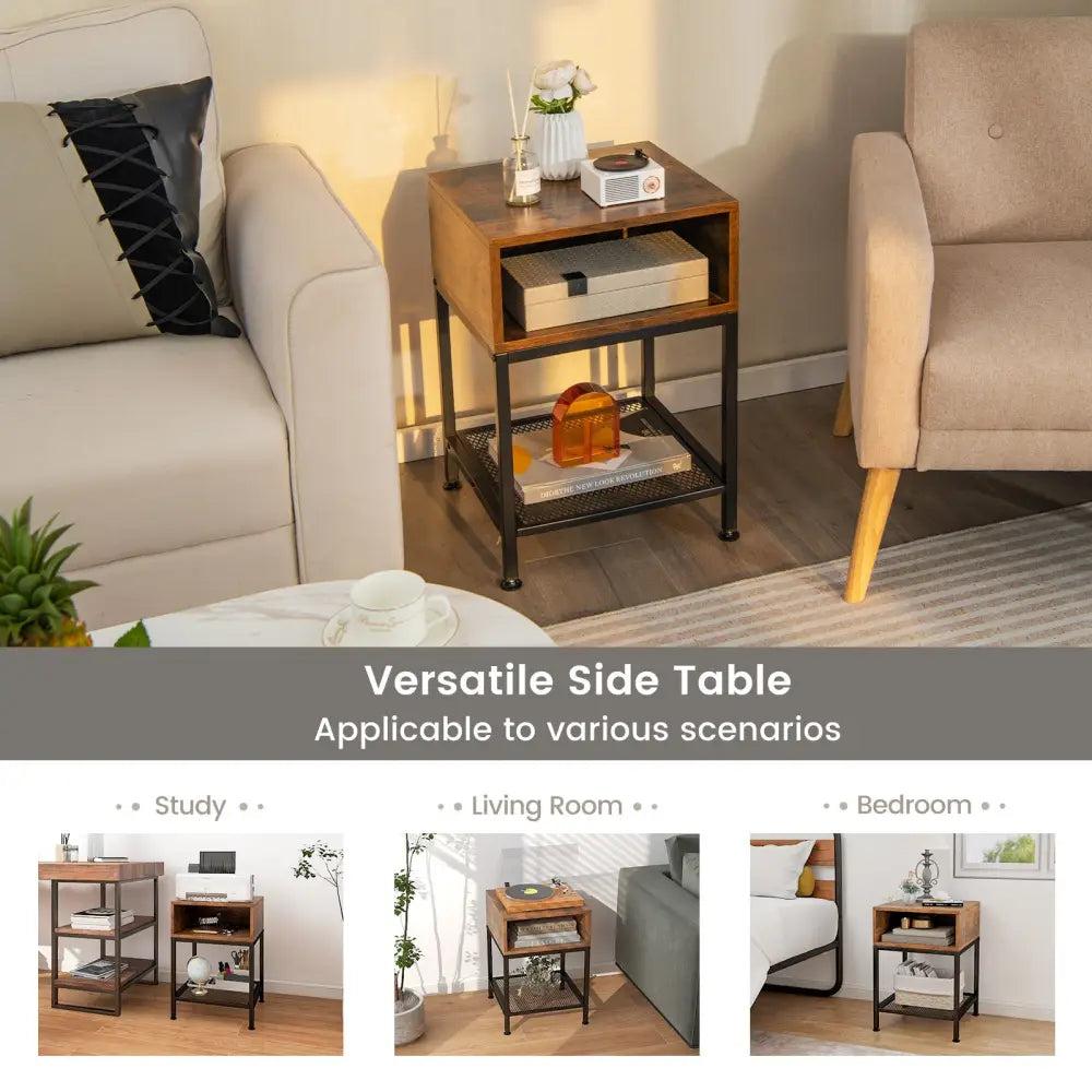 Industrial Nightstand End Side Table with Mesh Shelf - Nightstands