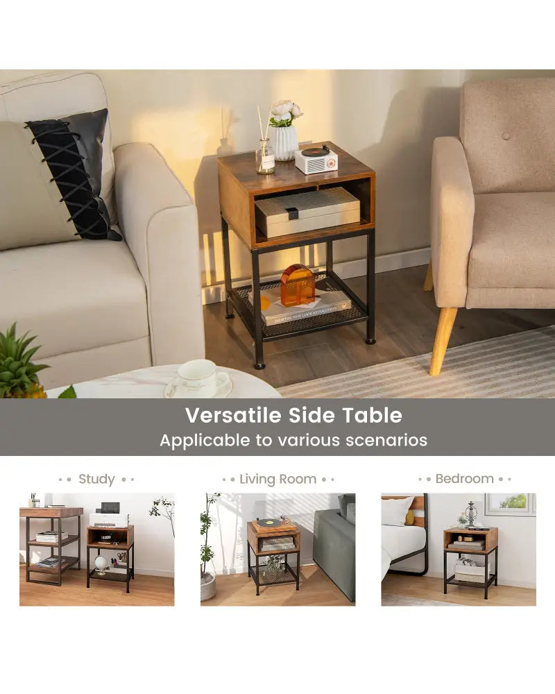 Industrial Nightstand End Side Table with Mesh Shelf - Nightstands