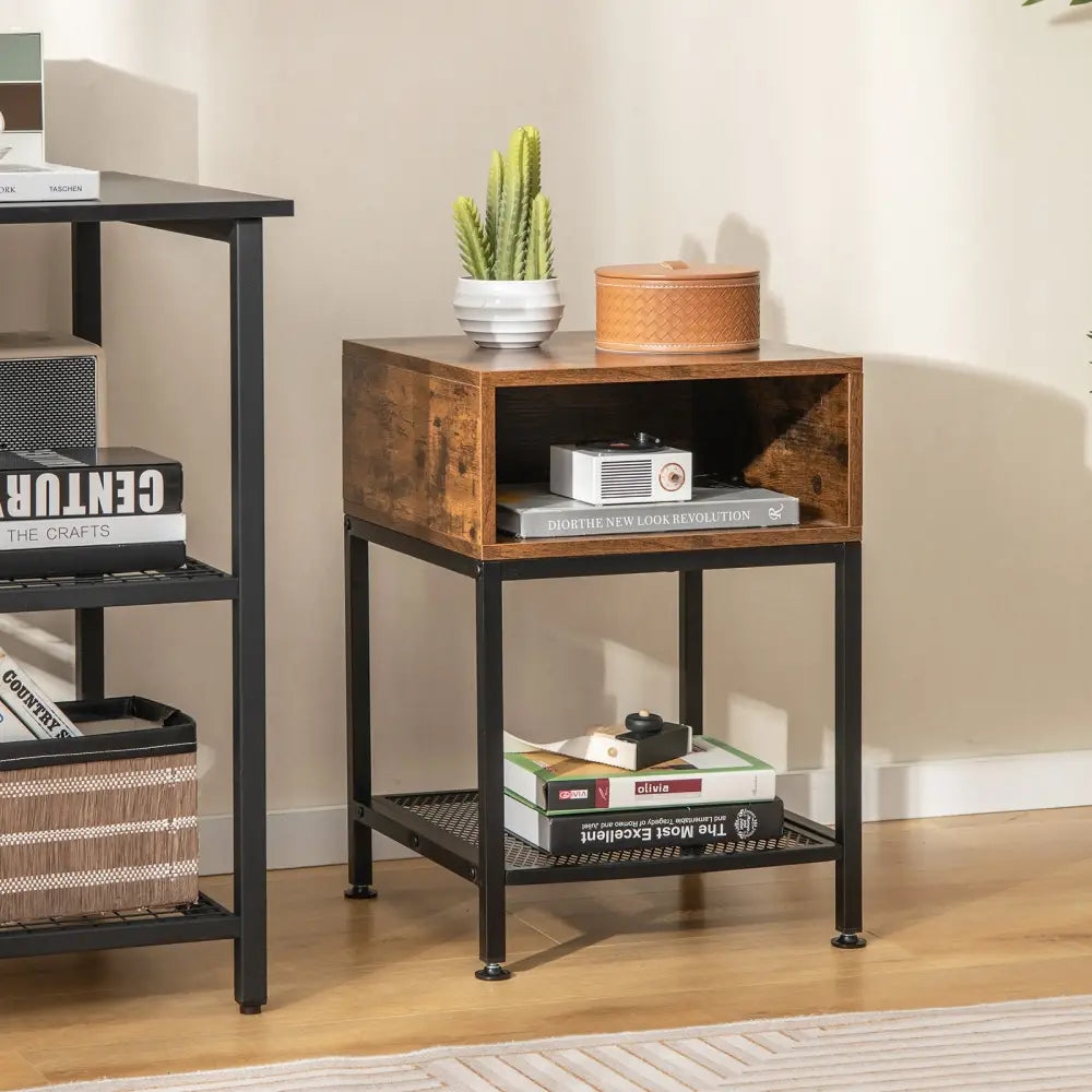 Industrial Nightstand End Side Table with Mesh Shelf - Nightstands