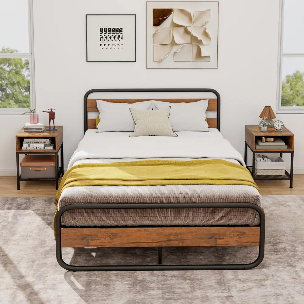 Industrial Nightstand End Side Table with Mesh Shelf - Nightstands