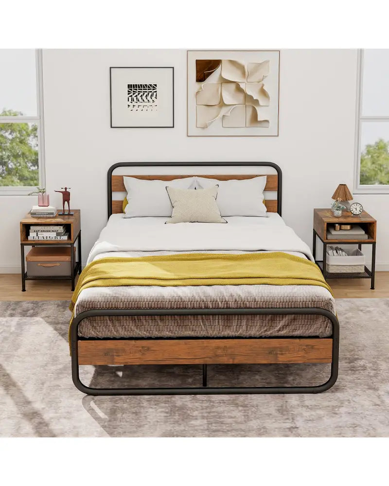 Industrial Nightstand End Side Table with Mesh Shelf - Nightstands