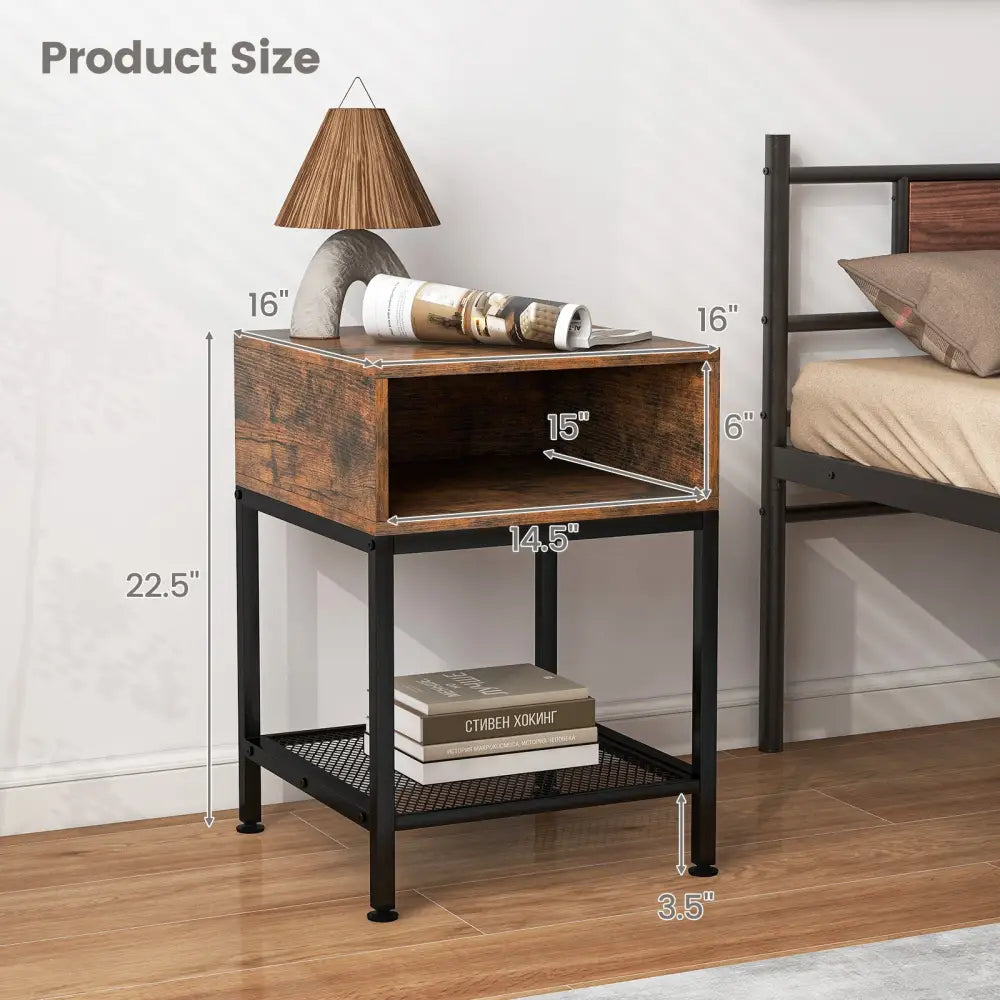 Industrial Nightstand End Side Table with Mesh Shelf - Nightstands