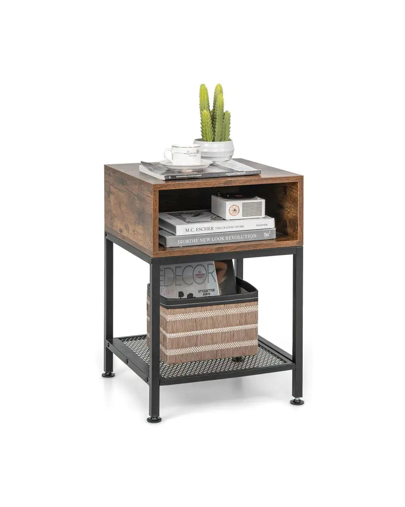 Industrial Nightstand End Side Table with Mesh Shelf - Nightstands